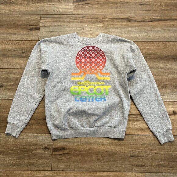 Disney World Parks Epcot Center Sweatshirt SZ Small Gray Rainbow Spaceship Earth - Picture 1 of 8